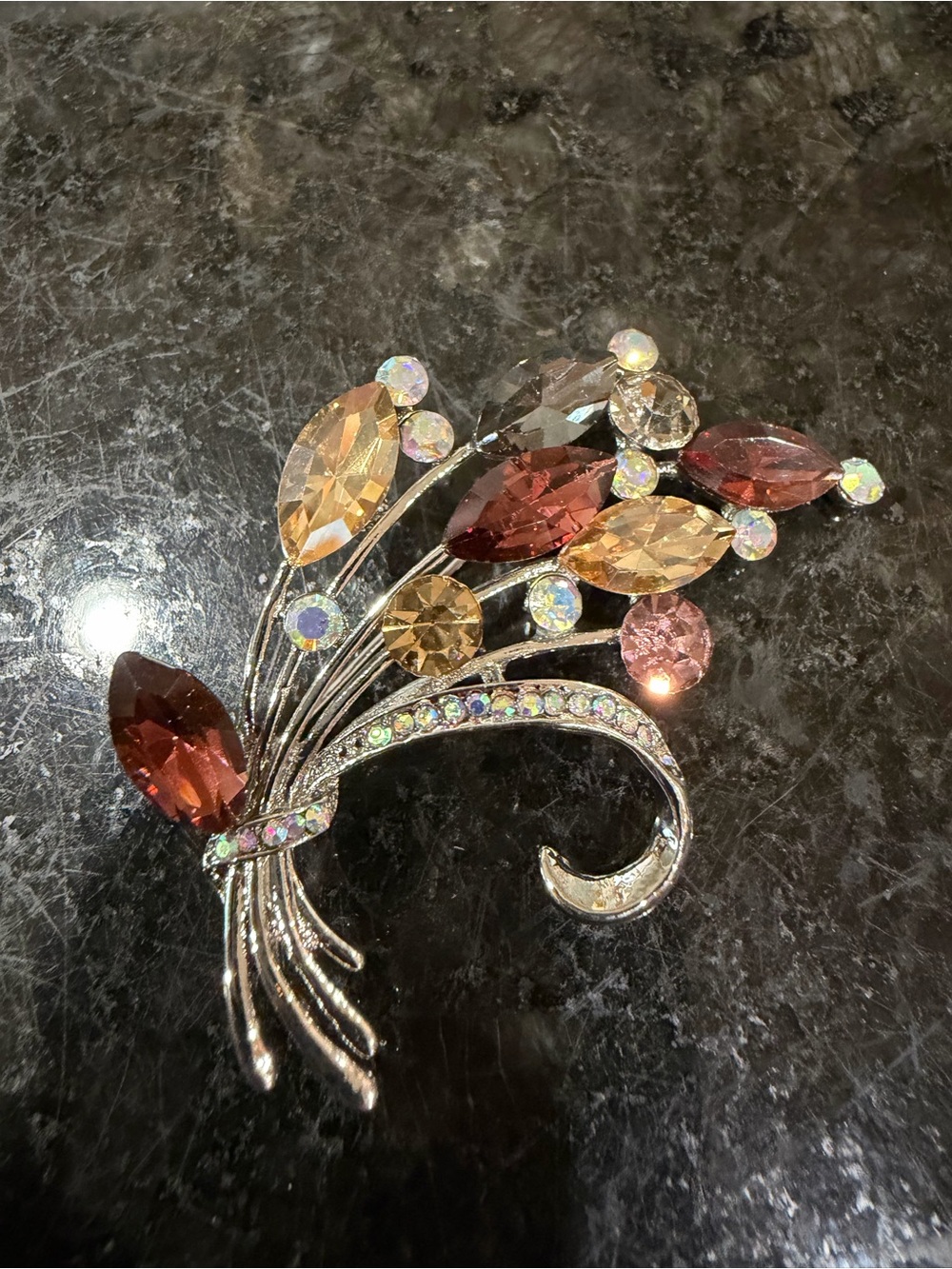 Rhinestone Floral Spray Brooch in Amber and Pink Tones